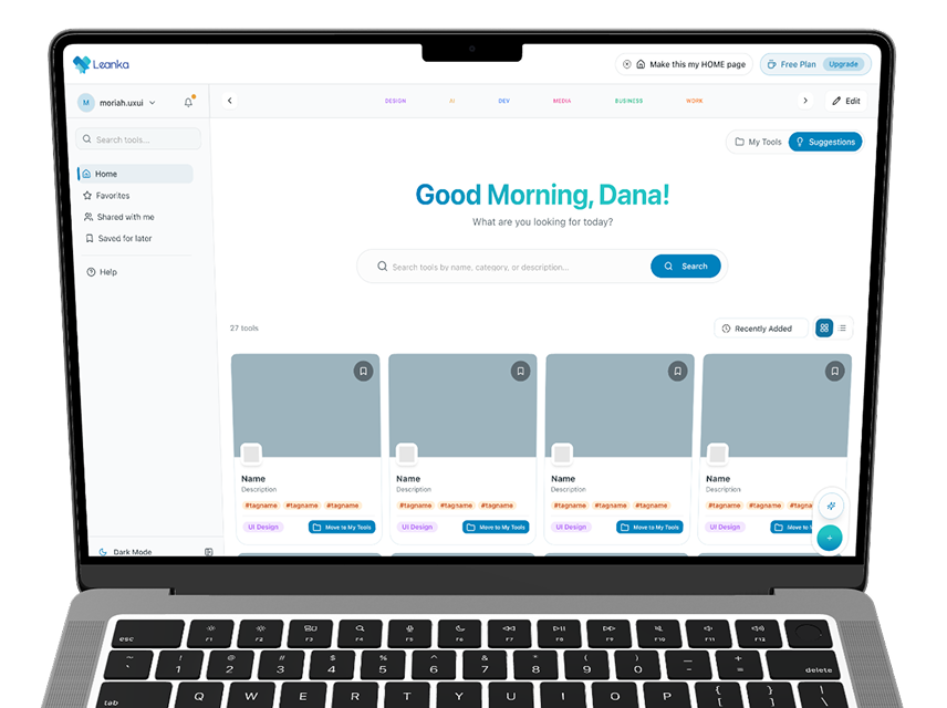 Leanka app preview on a Mac showing the home dashboard with categorised tools