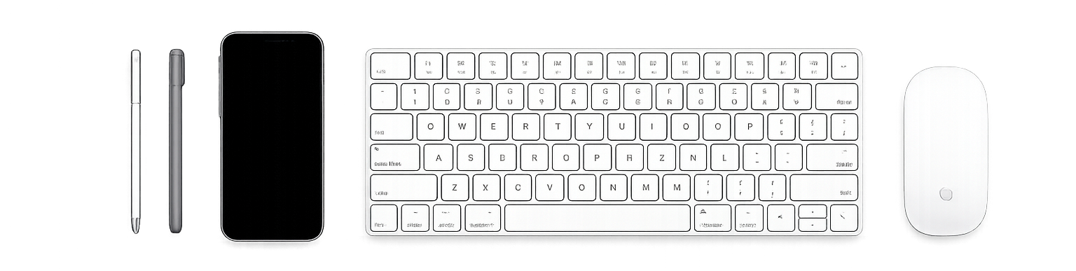 Minimal flat lay of keyboard, mouse, smartphone, and styluses on a dark background above the science section